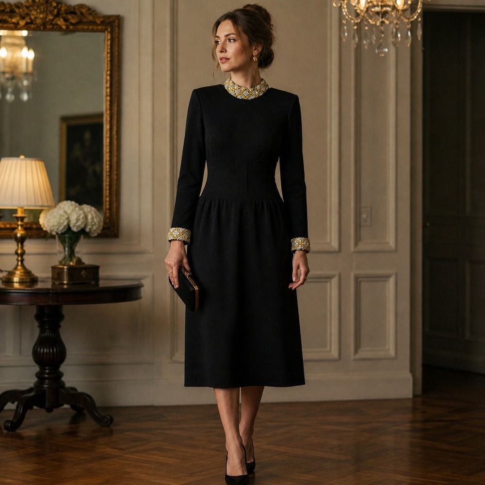 Vintage Don Sayres Wool Dress Beaded Collar Long Sleeve Black Midi Women's 6P‎
